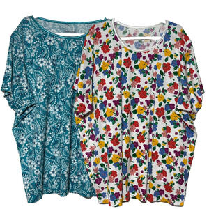 Woman Within Tops Womens 3X-30-32 Green White Red Floral Waffle Knit Lot of 2